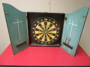 lot 728 image: BOMBAY COMPANY DART BOARD, IN WOOD CABINET