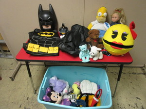 lot 751 image: LEGO BATMAN HALLOWEEN COSTUME, HOMER SIMPSON DOLL, STUFFED ANIMALS