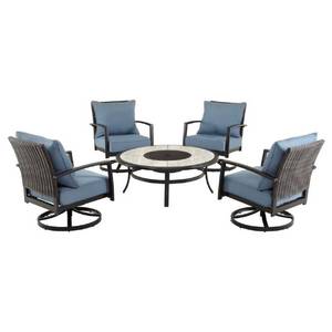 lot 102 image: Hampton Bay Whitfield 5-Piece Dark Brown Metal Outdoor Patio Round Fire Pit Seating Set w Standard Steel Blue Cushions, 3022-CM4 - USED