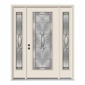 lot 608 image: Jeld-wen 66 in. x 80 in. Full Lite Blakely Primed Steel Prehung Right-Hand Inswing Front Door with Sidelites, H32060 - Some slight scratches.