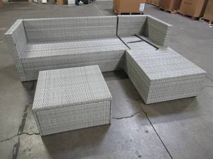 lot 100 image: Hampton Bay Valley Peak 3-Piece All-Weather Gray Wicker Sectional Patio Set - Missing Screws and Cushions.