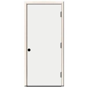 lot 603 image: Steves & Sons 36 in. x 80 in. Premium Flush Primed White Left-Hand Outswing Steel Prehung Front Door, STFL-PR-36-4OL - Small Cracks in Brick Mold and Jamb.H