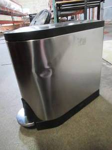 lot 800 image: Simplehuman 10 Liter  2.6 Gallon Butterfly Lid Bathroom Step Trash Can, Brushed Stainless Steel, CW1899 - Slightly Dented.