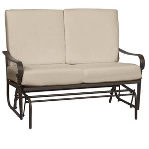 lot 421 image: Oak Cliff Brown Steel Outdoor Patio Glider with CushionGuard Putty Tan Cushions. H121-01202400