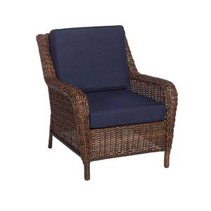 lot 743 image: Hampton Bay Cambridge Brown Stationary Wicker Outdoor Lounge Chair with Blue Cushions 65-17148B1