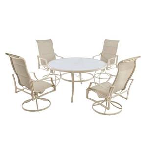 lot 435 image: Hampton Bay Statesville Shell 5-Piece Aluminum Outdoor Dining Chairs, FCA70357DS-ST2W - 4 CHAIRS ONLY - NEW