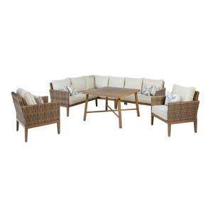 lot 438 image: Hampton Bay Chandler Lakes 6-Piece Aluminum Outdoor Dining Set with Sunbrella Beige Cushions, 511.0070.000 - May have some slight dingsscratches.