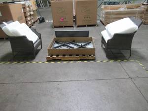 lot 439 image: Hampton Bay Grayson Ash Gray Wicker Outdoor Patio Dining Set with Cushion Fill (No Covers) - Missing Pieces