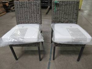 lot 440 image: Hampton Bay Laguna Point Brown 2 Wicker Outdoor Patio Dining Chairs with Cushion Fill. H096-01424900.