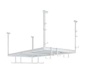 lot 28 image: NEWAGE PRODUCTS VersaRac 42 in. H x 48 in. W x 96 in. D Adjustable Height Garage Ceiling Mounted Storage Unit in White w12-Piece Hooks