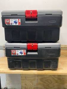 lot 34 image: RUBBERMAID Lot of 2, 35 Gal. Action Packer Storage Bin.  Lockable with pad lock