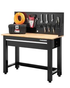 lot 38 image: HUSKY 4 ft. Solid Wood Top Workbench with Pegboard Storage