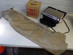 lot 91 image: Pair of pants 32 x 32 , Sweeping Compound and T Fal Grill