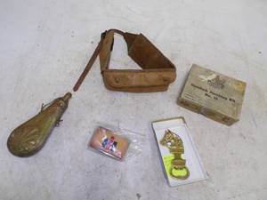 lot 324 image: Flask, Leather money Belt, Brass horse bottle opener and IH Belt Buckle