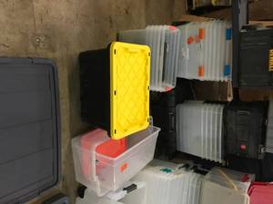 lot 13 image: PALLET WITH PLASTIC BINS AND DEWALT WORK BINCONTAINER SEE PICS