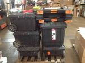 lot 35 image: Pallet of assorted garage items,  storage bins, Husky tool boxes  various conditions and models customer returns