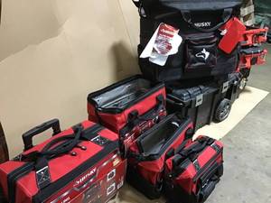 lot 36 image: GAYLORD FULL OF HUSKY , DEWALT TOOL BAGS AND TOOLBOXES SEE PICS