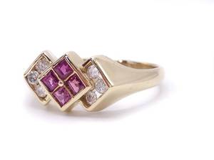 lot 27 image: Geometric Natural Ruby and Diamond Estate Ring in 14k Yellow Gold $2499