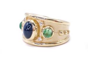 lot 49 image: Regal Natural Sapphire, Emerald, and Diamond Designers Estate Ring in 14k Yellow Gold $3750