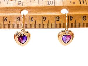 lot 58 image: Lovely Heart Shaped Earrings with Amethyst, Garnet, and Diamonds in 14k Yellow Gold $1650
