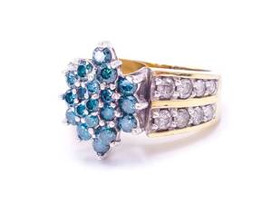 lot 60 image: 2 Carat Blue and White Diamond Cluster Estate Ring in Solid Yellow Gold $2750
