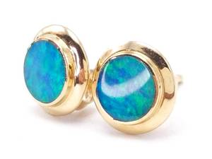 lot 72 image: Australian Black Boulder Opal Estate Earrings in 14k Yellow Gold
