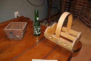 lot 402 image: Lot of (3) Wood Basket, Wood Wine Basket, Vintage 7-Up Glass Bottle