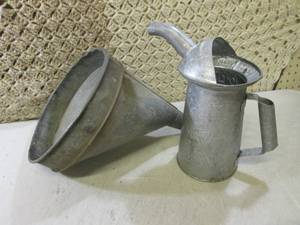 lot 26 image: Vintage Metal Large Funnel and 2 Qt...