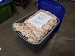 lot 1010 image: Lot of (4) Petal Blush Tablecloths,  Champagne Rosette Satin Tablecloths