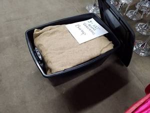 lot 1014 image: Lot of (3) Burlap 120in. Round Tablecloths