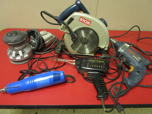 lot 313 image: RYOBI CIRCULAR SAW, ROCKWELL ORBIT SANDER, BOSCH DRILL, PRO-HEATER HEAT TOOL, SOLDERING GUN