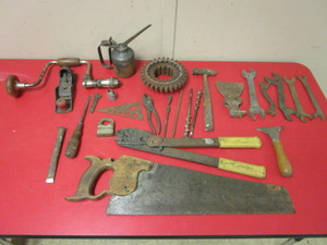 lot 319 image: VINTAGE STEEL STOOL AND HAND TOOLS, OIL CAN, SAW, HAMMER, WRENCHES, BOLT CUTTER, CHISEL, MORE