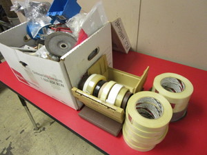 lot 324 image: 3M WORK BENCH TAPE DISPENSER, TAPE ROLLS, BOX OF MISCELLANEOUS HARDWARE, ELECTRICAL SUPPLIES