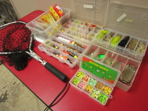 lot 332 image: LINDY GATOR SPOONS, TIGER SPOONS, THILL FLOATS, ASSORTED JIGS, ICE FISHING JIGS, BECKMAN NET