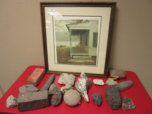 lot 346 image: ROCKING CHAIR ON PORCH PRINT, BY ERIC SLOANE, SIGNED, DECORATIVE ROCKS, CONCH, BRICKS, CORAL