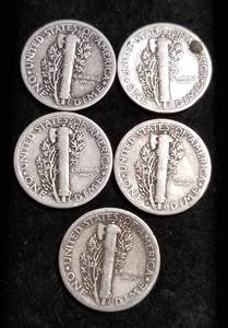 lot 06 image: 5 MERCURY DIMES 1935 1936 1937-D 1938 1939