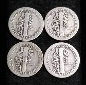 lot 21 image: 4 MERCURY DIMES 1916 1920 1923 1926