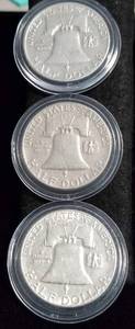 lot 45 image: 3 FRANKLIN HALF DOLLARS IN AIRTITES 1954 1954-D 1954-S