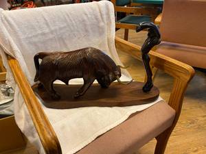 Wooden Matador and Bull on a stand