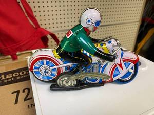 1960-70 Tin Wind Up Motorcycle with man riding on