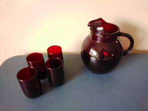 Red Glass Pitcher with Four Glasses