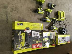 LOT OF ASSORTED RYOBI DRILLS AND TOOLS SEE PICS
