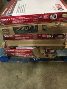 LOT WITH ASSORTED HUSKY GARAGE SHELVING AND RACKS SEE PICS