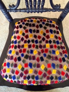 lot 11 image: Small Navy Blue Painted Wooden Chair with Fun Colorful Fabric Seat