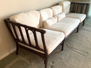 lot 14 image: Rattan Extra Long Sofa Painted Purple with Off White Upholstered Seating