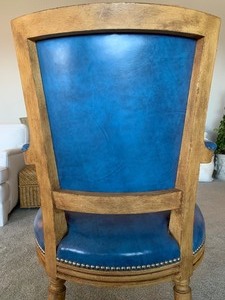 lot 13 image: Wooden Chair with Blue Faux Leather Seat and Details