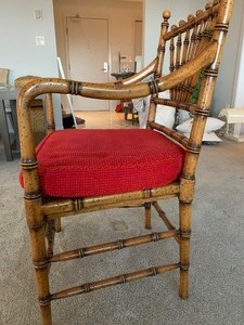 lot 20 image: Rattan Chair with Purple and Red Seat Cushion