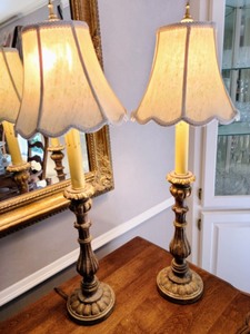 lot 11 image: Pair of Gold Painted Wood Table Lamps