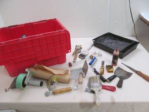 lot 14 image: red tote, painting and taping supplies