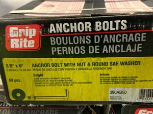 lot 41 image: 250ct (5 boxes) 38 x 6 Grip Rite Anchor Bolts w Nut & Washer
